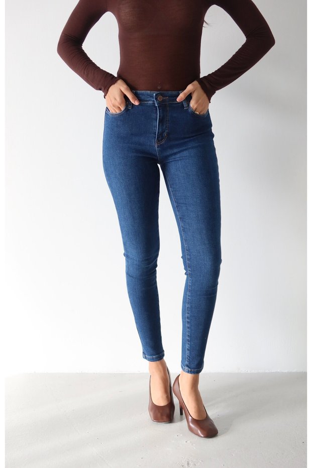 Women's Blue High Waist Skinny Narrow Leg Dark 5-Pocket Jean Trousers