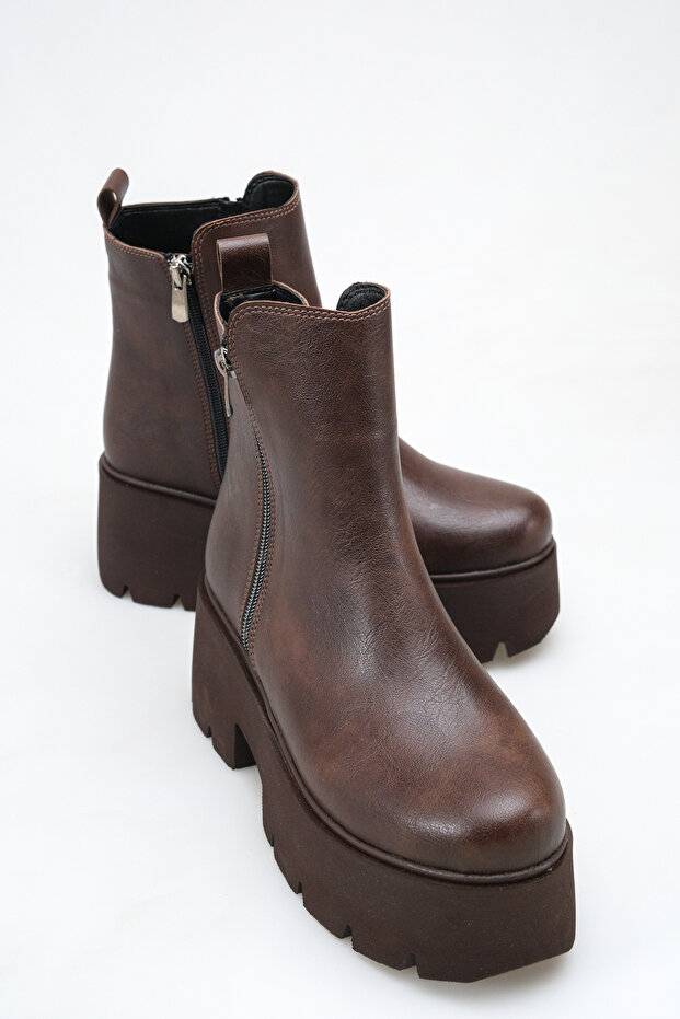 Leona Brown Rustic Women's Daily Flat Zippered Comfortable Stylish Rustic Wedge Heel Boots & Booties