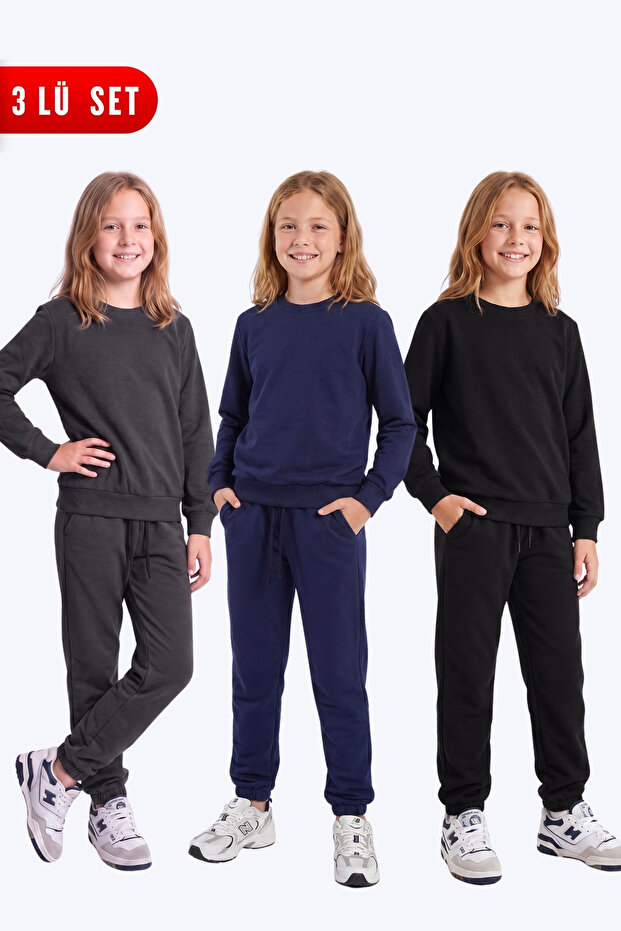 Girl's 3-Piece Plain Crew Neck Double Pocket Tracksuit Set
