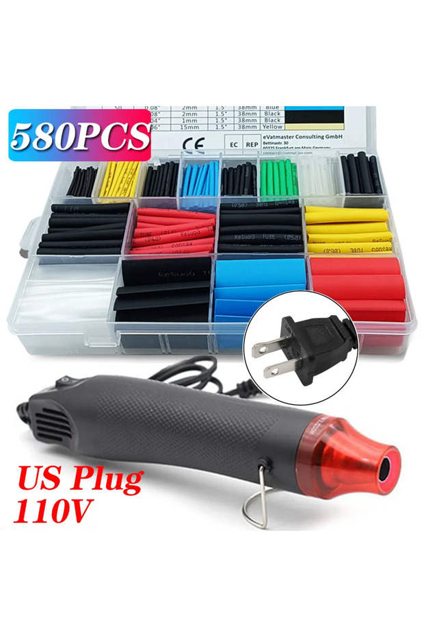 580PCS(110V US Plug) 580/328/127PCS Heat Shrink Tubing Wrapping Kit 2:1 Shrinkable Wire Shrinking Wr