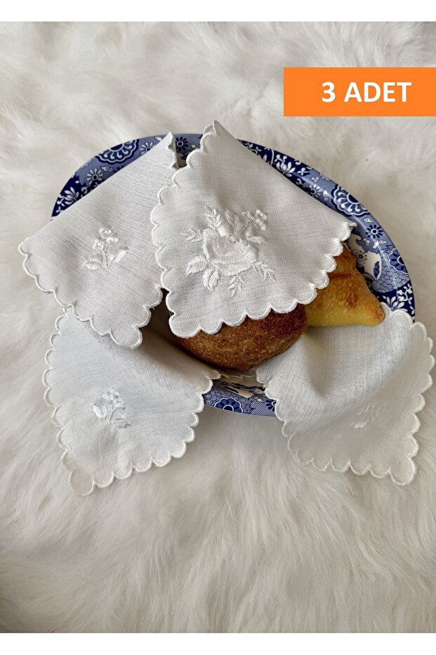 Set of 3 White Rose Embroidered Bread Covers