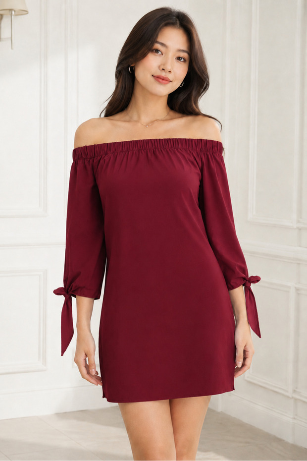 Women's 3/4 Sleeve Madonna Collar Elastic Shirt Fabric Tie Loose Casual Slit Burgundy Tunic Blouse