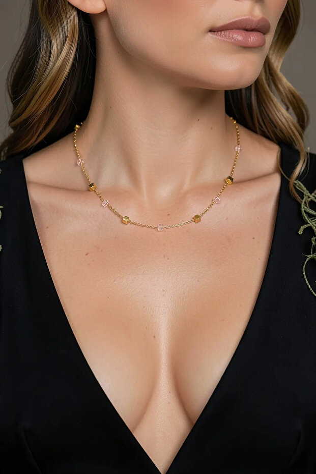 Pink and Gold Cubes Station Necklace