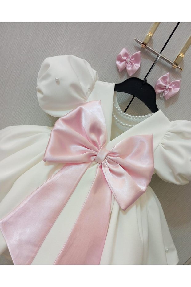 Girl's Fluffy Tulle Pearl Evening Dress Giant Bow Birthday Dress (with Buckle Gift)