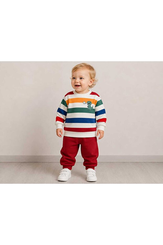 Children's Striped Suit with Dinosaur Print, 100% Cotton