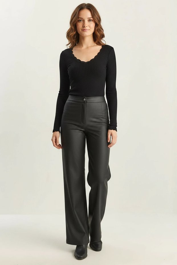 Women's High Waist Faux Leather Palazzo Black Trousers