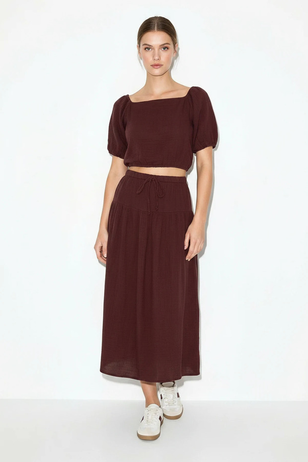Women's Balloon Sleeve Crop Blouse with Tie Detail Cotton Muslin Skirt Set Yc Plum