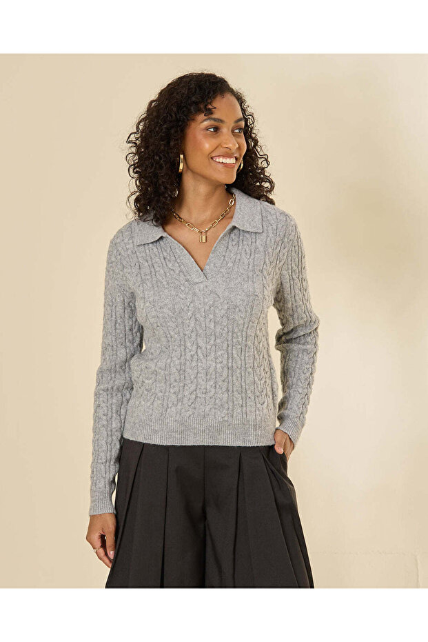 Women Grey V-Neck Polo Knit Pullover