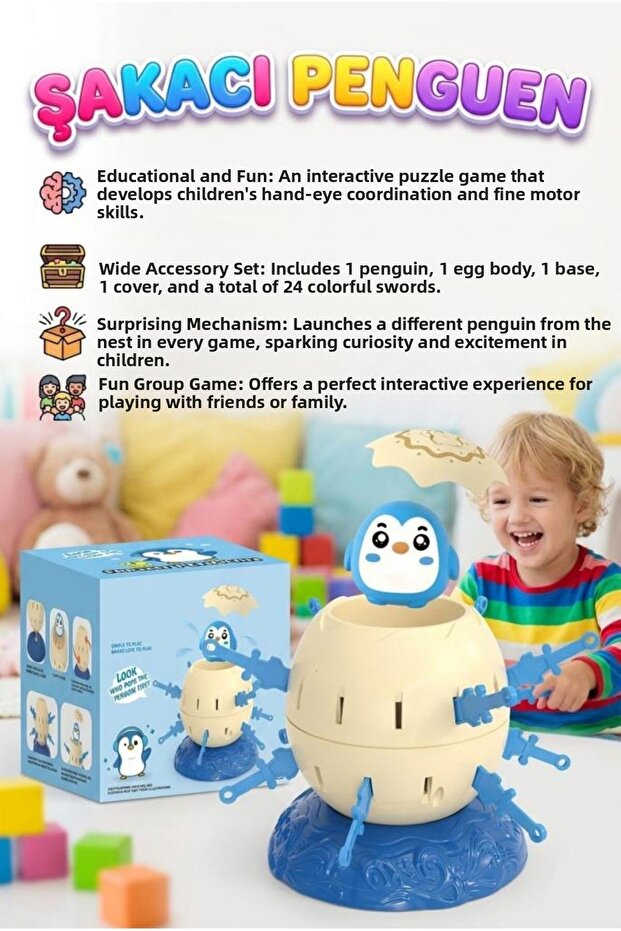 Playful Penguin! 28-Piece Fun Family Box Game with Penguin Figures and 24 Swords for 2 Players