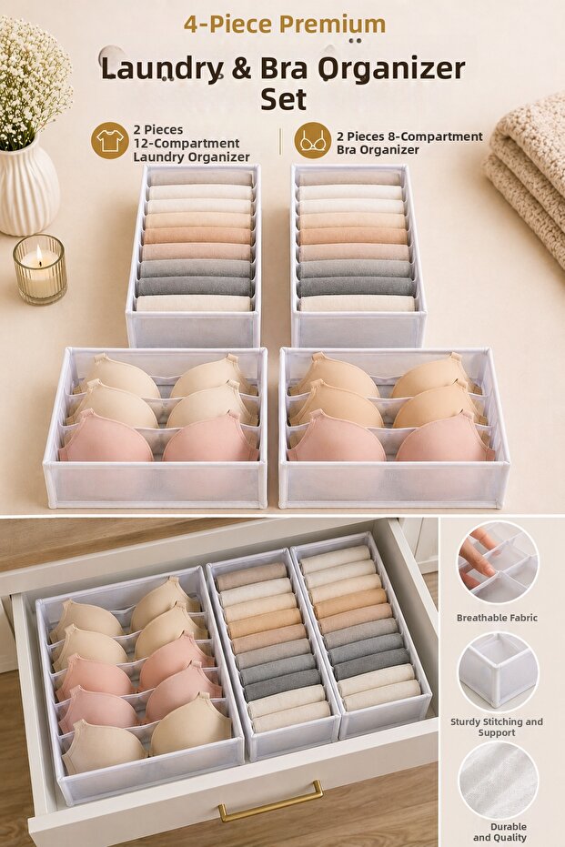 4-Piece Laundry and Bra Organizer Set, 2 Pieces with 12 Compartments + 2 Pieces with 8 Compartments for In-Closet Organization