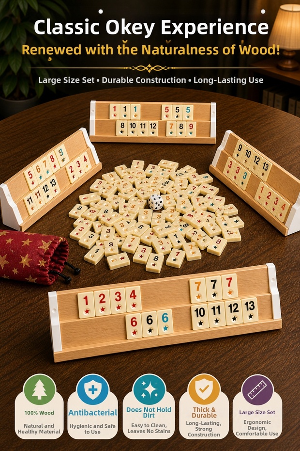 Large Size Wooden Okey Set for 4 People, Durable Thick Stone Game Set with Stone Bag