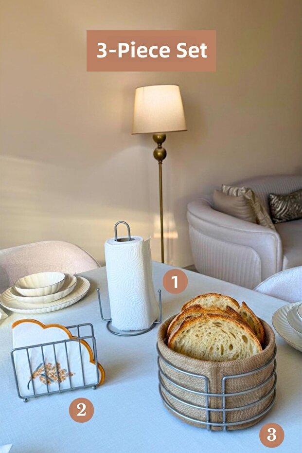Set of 3 Matte Silver Cage Napkin Holder Upright Paper Towel Holder Round Bread Basket Kitchen Set