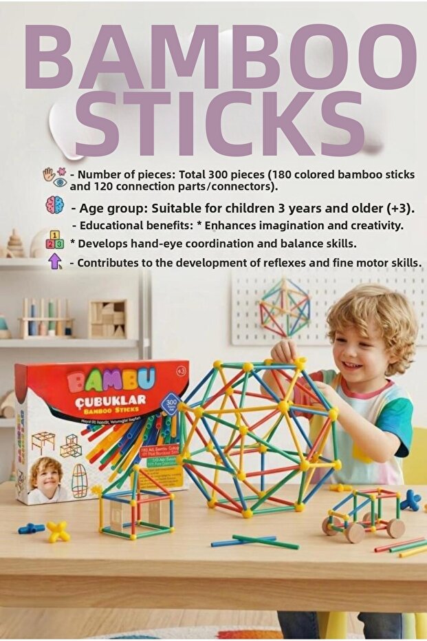 Bamboo Sticks 300 Pieces Educational Building Set - Intelligence Enhancing Building Blocks Toy
