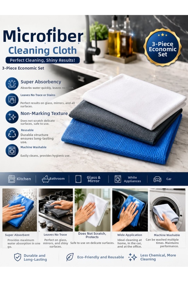 3-Piece Microfiber Cleaning Cloth, Glass, Car, Kitchen, Fiber Cloth 40 X 60 cm