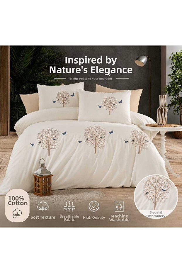 Tree of Life 100% Cotton Embroidered 6 Piece Double Duvet Cover Set