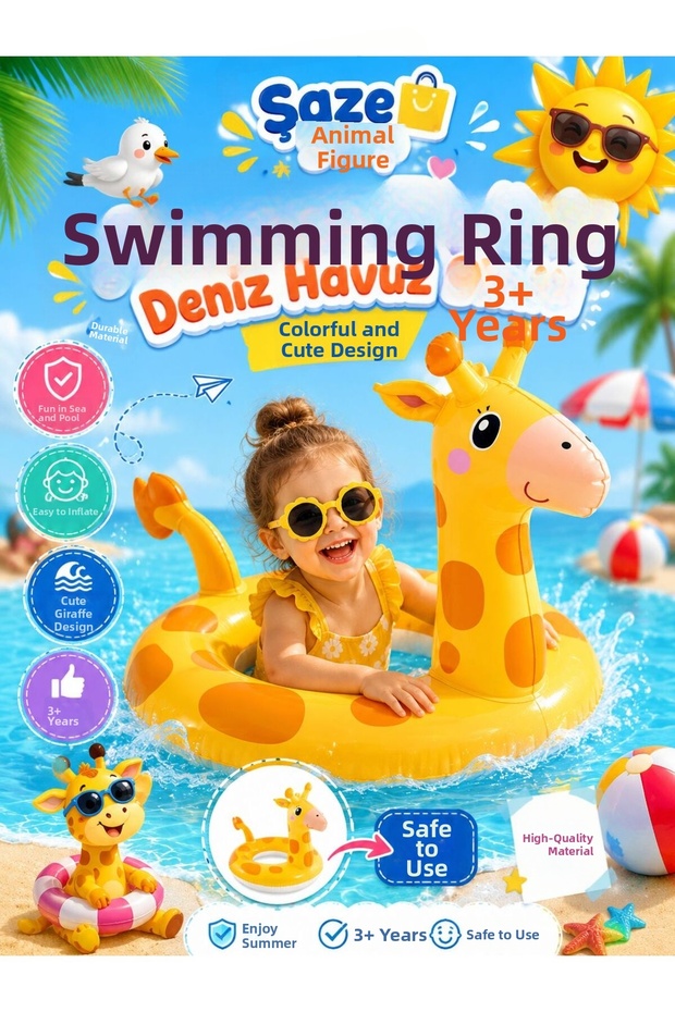 Animal Figured Sea Pool Float for Ages 3+ – Inflatable Kids' Swimming Ring with Adorable Giraffe Design