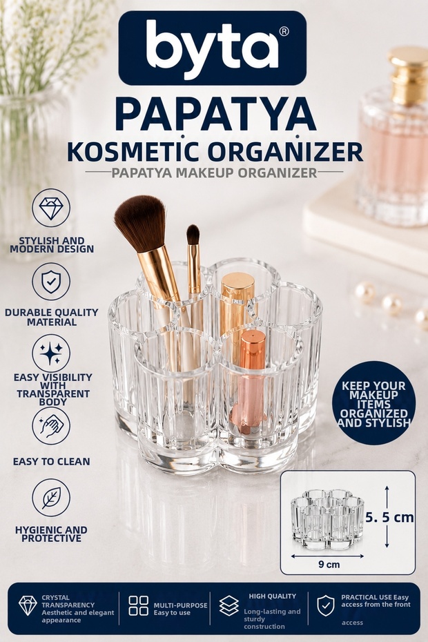 Transparent Daisy Makeup Organizer – Multi-Compartment Cosmetic and Brush Organizer