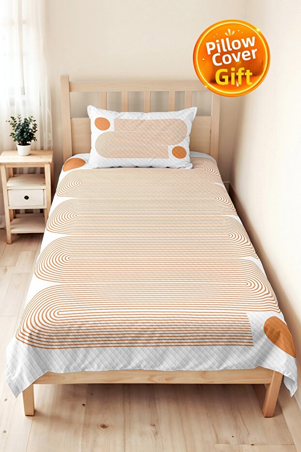 Orange Geometric Modern Young Room Single Pique Set-Minimal 160X220 cm Quilted Bedspread