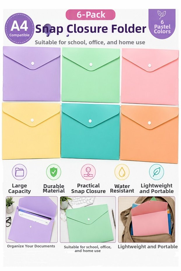 Snap File 6 Colors Pastel A4 1 Pack File Plastic Colorful Envelope File Snap File Homework Document Organizer