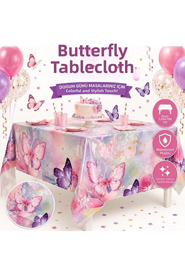 Butterfly Birthday Plastic Tablecloth 120X180 cm | Butterfly Themed Party Tablecloth | Birthday Table Decoration