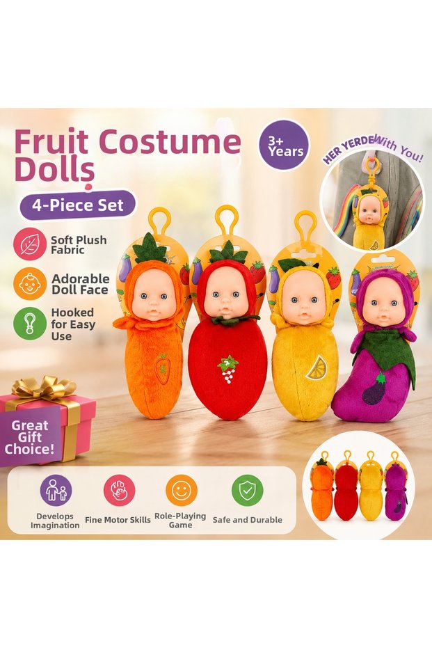 Plush Baby Dolls with Fruit Costumes and Hangers, Set of 4