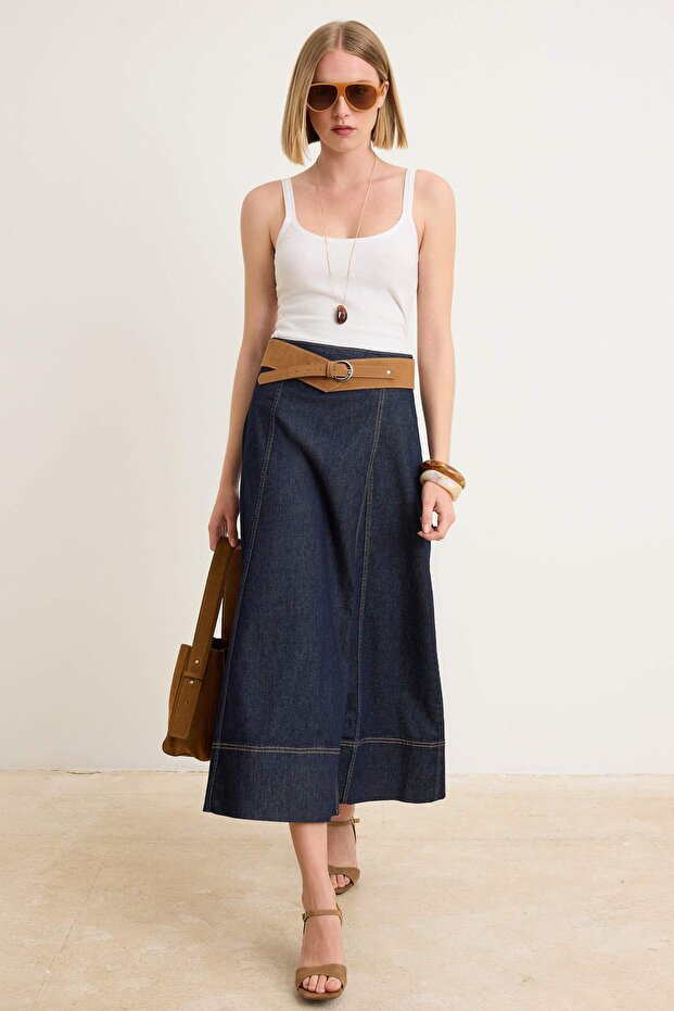 Lacivert Kemerli Kruvaze Maxi Denim Etek TWOSS26ET00201