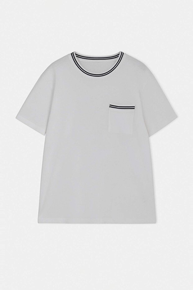 Ekru Büyük Beden Regular/Normal Kesim Cep ve Triko Bant Detaylı T-Shirt TMNSS25BF00027 - 3