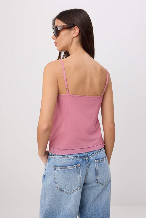 Pudra Fitted/Vücuda Oturan Askılı Straplez Kolsuz Aksesuar Detaylı Tül Örme Bluz TWOSS26BZ00363 - 4