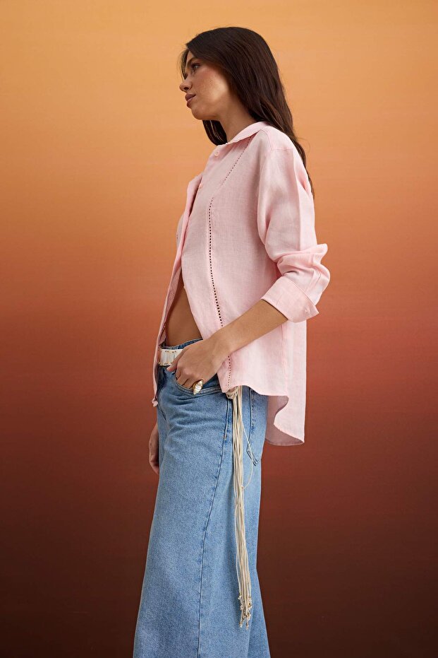 Pembe  %100 Keten Nakış Detaylı  Gömlek TWOSS26GO00047 - 2