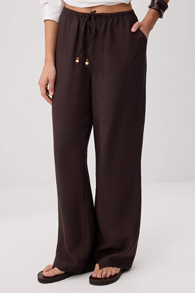 Koyu Kahverengi Modal Beli Lastikli Wideleg Geniş Paça Pantolon TWOSS26PL00105 - 3