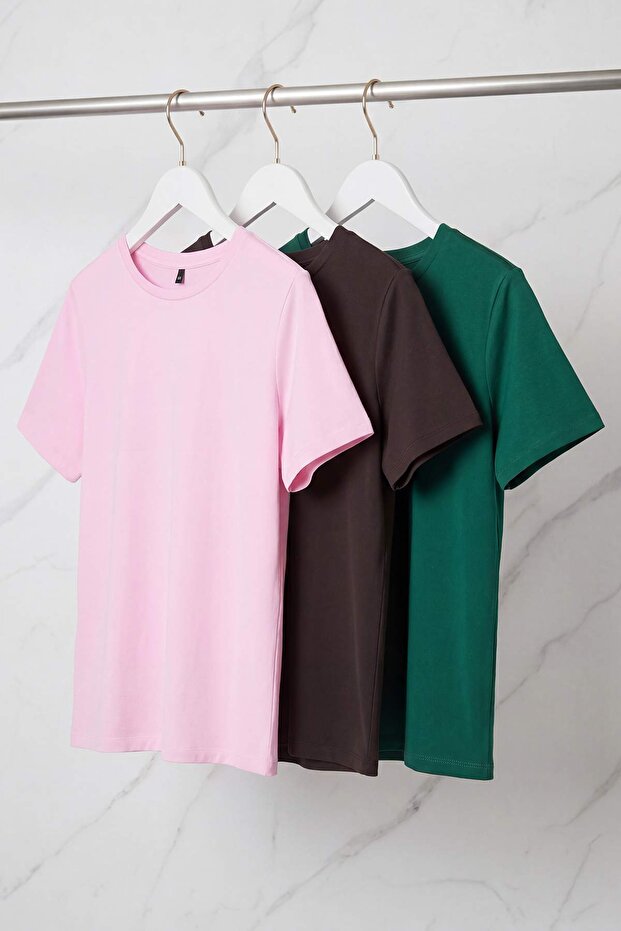 Kahverengi-Pembe-Yeşil 3'lü Paket Büyük Beden T-shirt TBBSS25BF00071 - 8