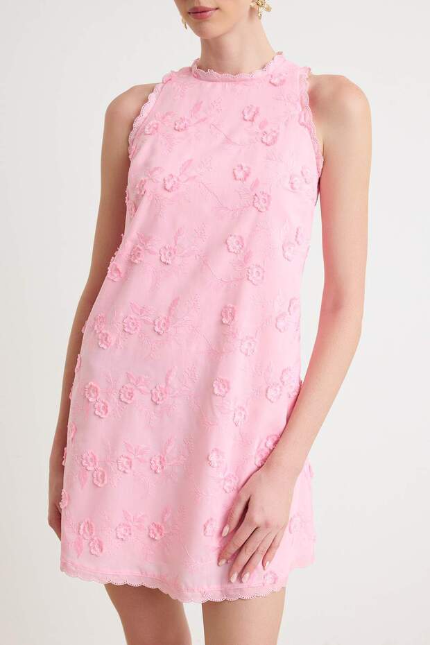 Açık Pembe Kumaş Özellikli Brode Kısa / Mini Dokuma Elbise TWOSS26EL00595 - 3