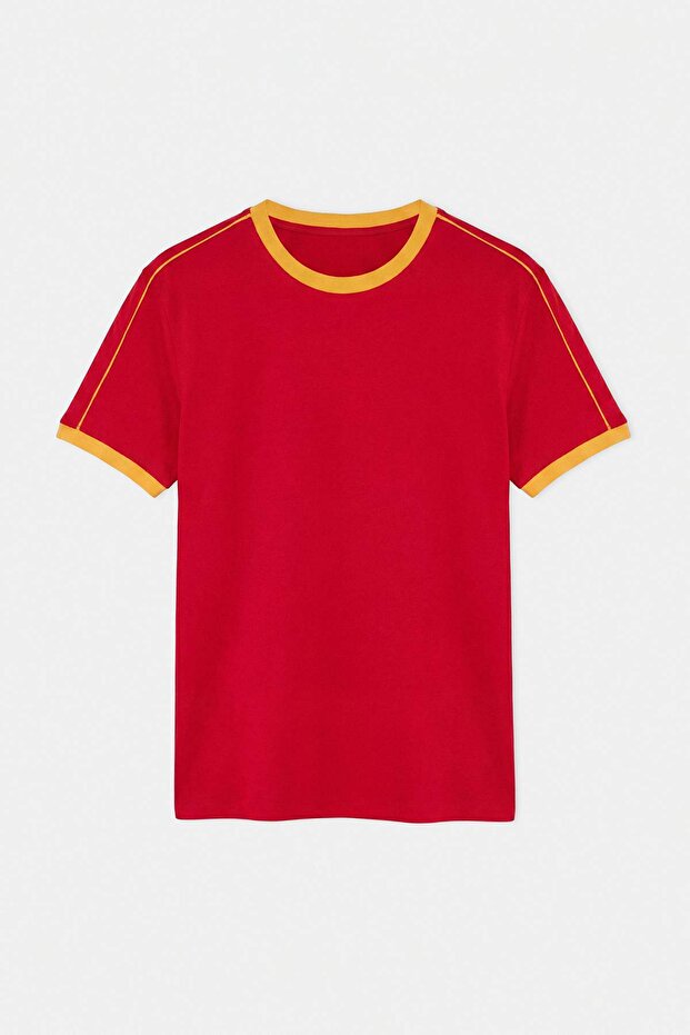Kırmızı Düşük Omuz Regular Kalıp Şerit Detaylı %100 Pamuk T-Shirt TMNSS26TS00078 - 8