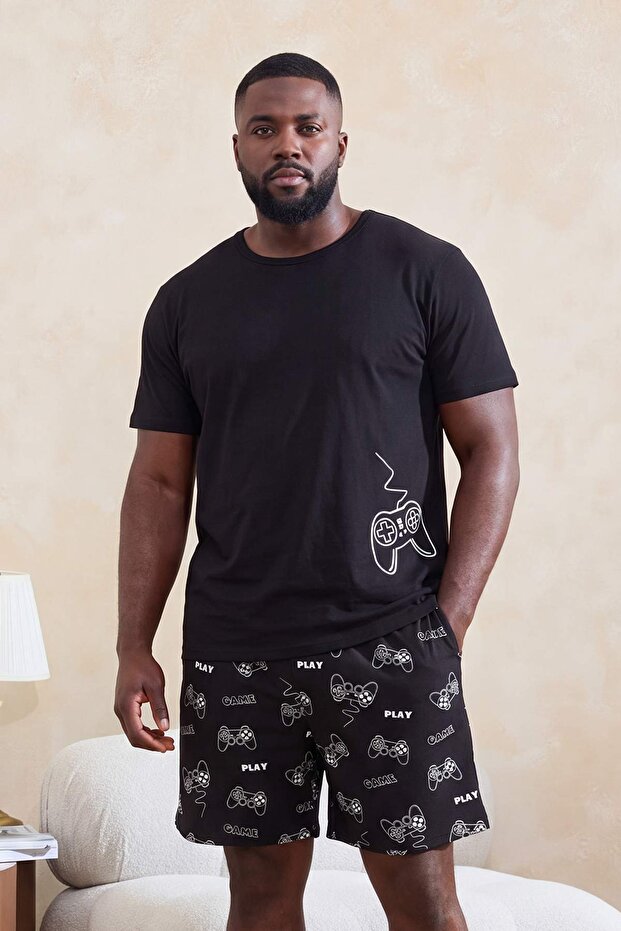 Siyah Regular Kesim Game Baskılı %100 Pamuk Büyük Beden Pijama Takımı TMNSS26AI00001 - 2