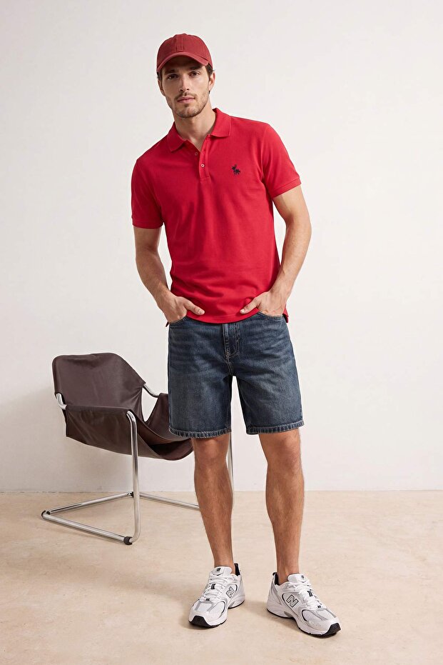 Kırmızı Regular/Normal Kesim At Nakış Polo Yaka T-shirt TMNSS25PO00017 - 2