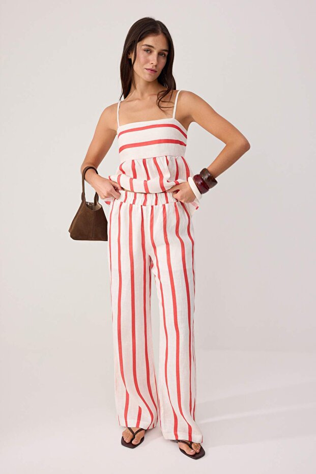 White Striped 100% Linen Trousers Twoss26Pl00234