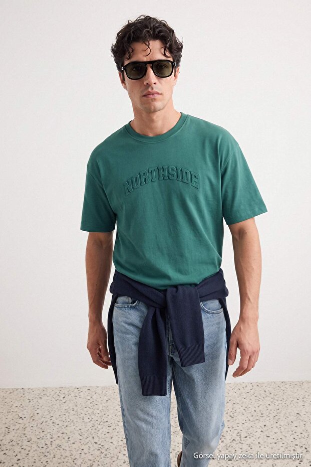 Dark Green Oversize/Relaxed Fit Embossed Printed T-Shirt Tmnss26Ts00084