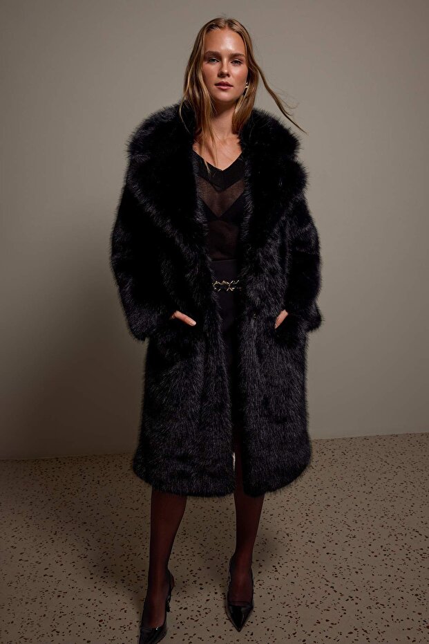Black Faux Fur Oversize Long Coat Twoaw27Kb00007