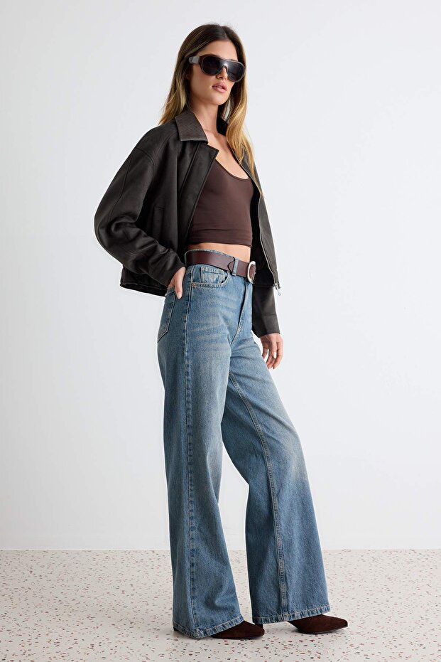 Indigo Yüksek Bel Wide Leg Geniş Paça %100 Pamuk Non-Stretch Jeans TWOAW24JE00089 - 2