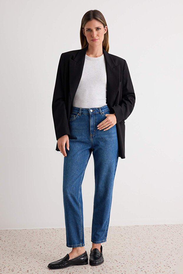 Koyu Mavi Yüksek Bel Mom %100 Pamuk Non-Stretch Jeans TWOAW24JE00076 - 1