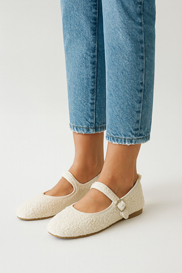 Women's White Mary Jane Teddy Plush Single Strap Casual Ballerina Flats Byndmj01