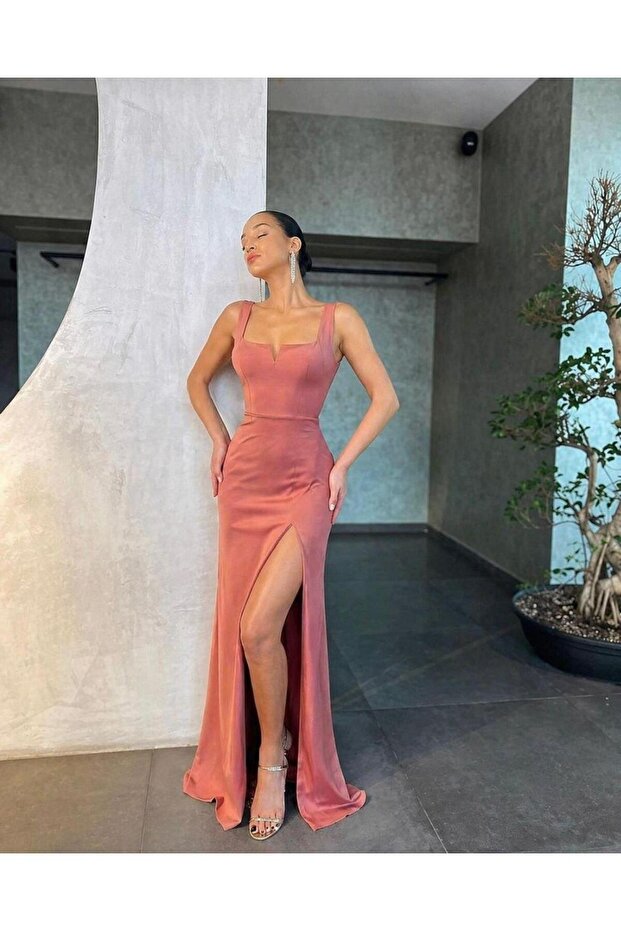 Gülkurusu Kuzey Yaka V Detailed Slit Evening Dress 582840