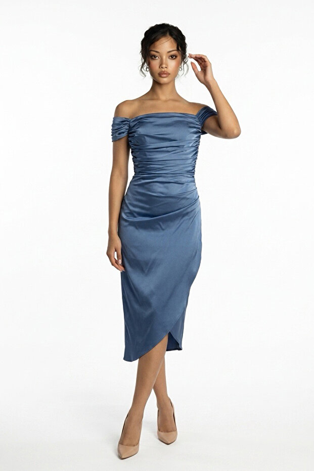 Women's Madonna Collar Draped Asymmetrical Satin Short Dress