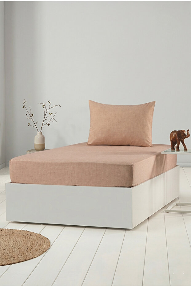 Tekstilla Pink Elastic Fitted Brown Color Single Bed Sheet Set with Pillowcase
