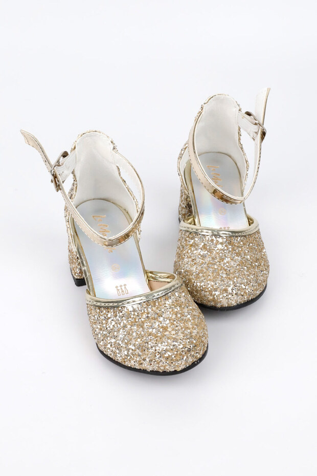 Gold Glitter Heeled Girls' Shoes
