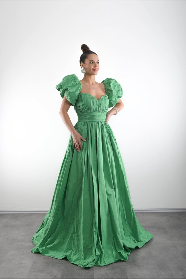 Strapless Balloon Sleeves Draped Lined Puffy Luxury Taffeta Dress