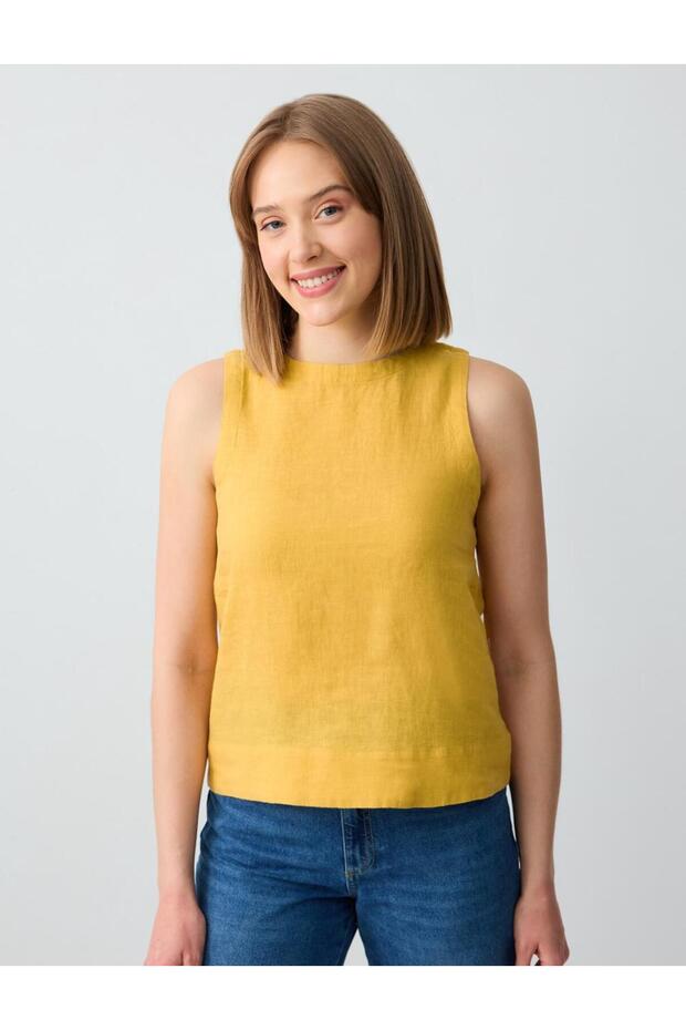 Mustard 100% Linen Round Neck Sleeveless Woven Blouse