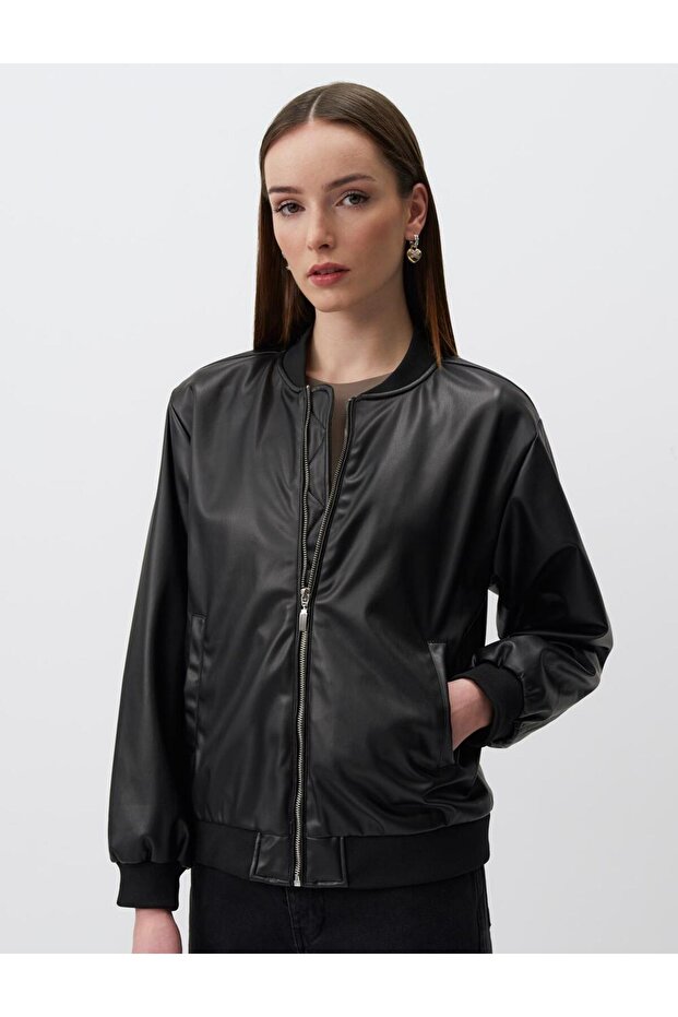 Black Long Sleeve Leather Bomber Jacket
