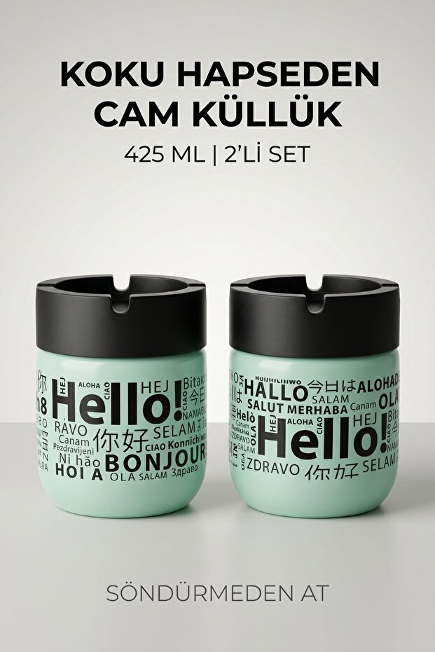 Hello Printed 2 Piece Glass Odorless Ashtray | Smokeless | Decorative Glass Ashtray with Anti-Wind Cover | 425 ml | Green