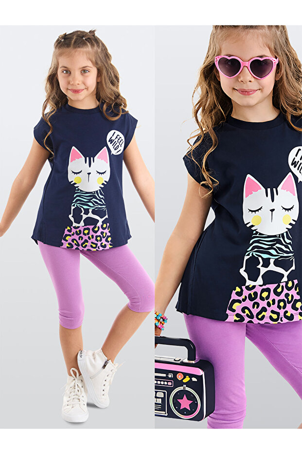 Cat Lilac Girl's Summer T-Shirt Tights Set